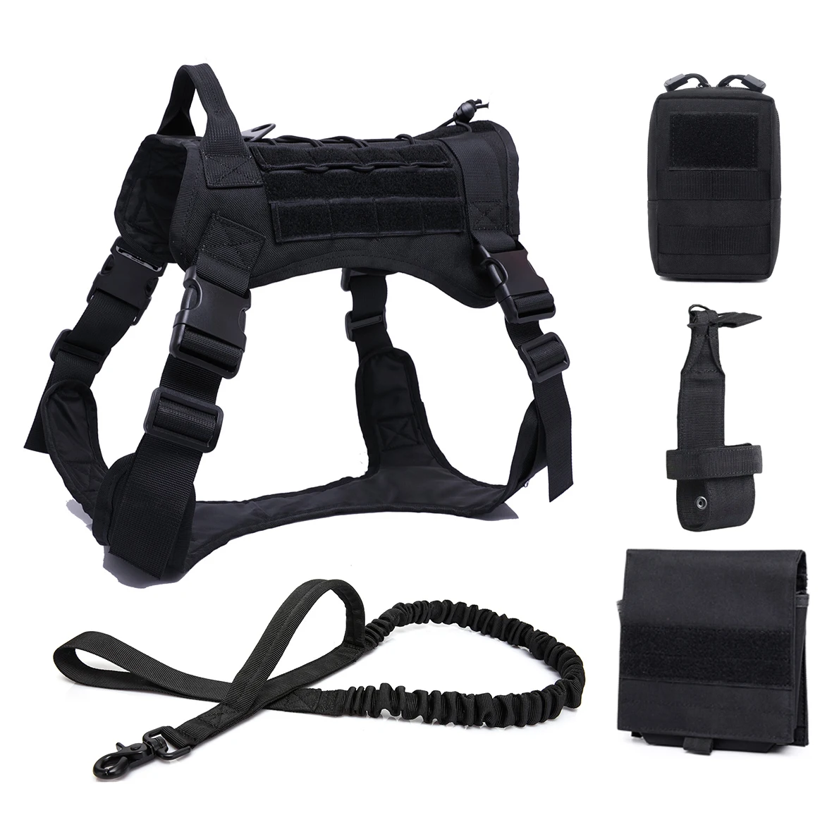 K9 Tactical Dog Harness Vest Military Police Service Big Dog Harness Leash with Accessory Kit Water Bottle Holder Carrier Bag