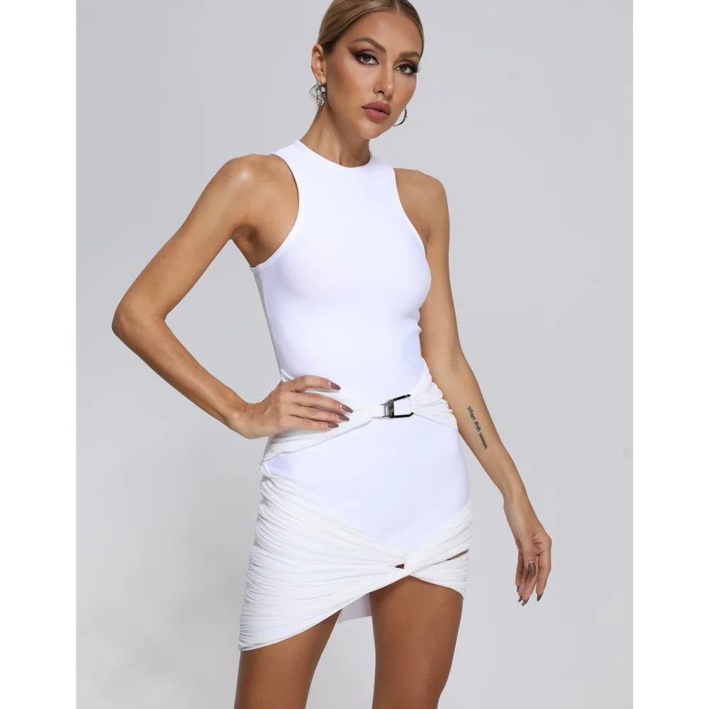 

High Quality Women's Sleeveless Sexy U Neck Tunic Mini Dress Rayon Bandage Fashion Party Celebration Wear Party Dress