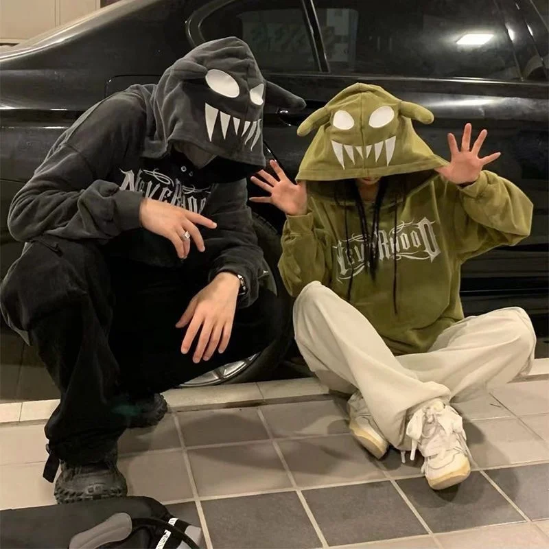 

Letter embroidery fun personality desin little devil die women streetwear loose casual couple pullover die women