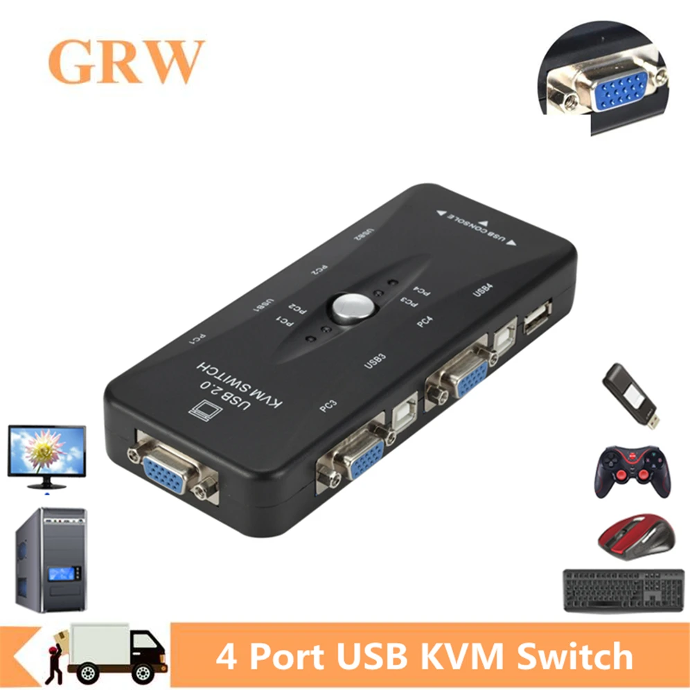 Четырехпортовый KVM-переключатель Grwibeou USB 2,0 VGA, сплиттер, принтер, мышь, флешка, коммутатор с выключателем 1920*1440 VGA, адаптер-переключатель