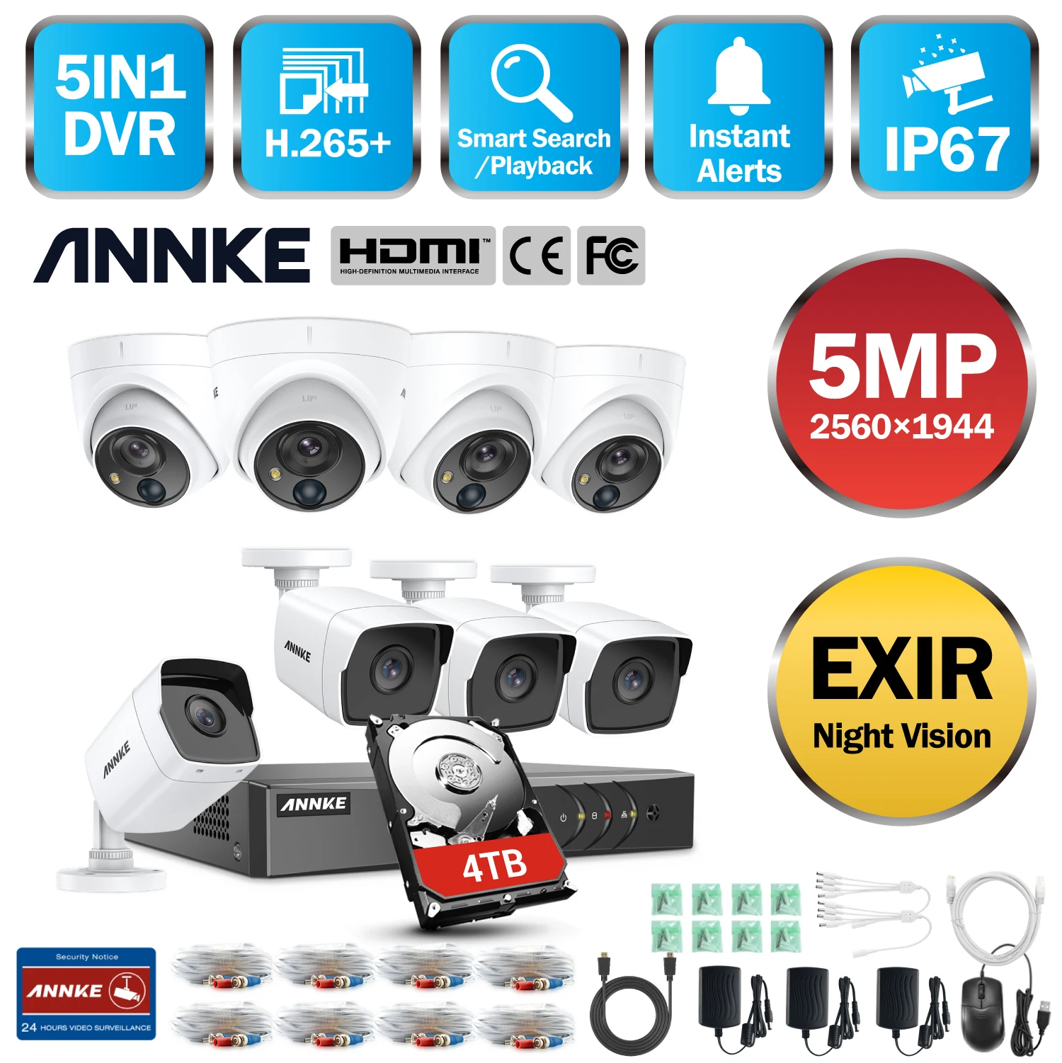 ANNKE 5MP камера безопасности Система H.265 + DVR наблюдения с 4X/8X 5MP PIR наружная камера s IP67 всепогодный комплект безопасности Белый