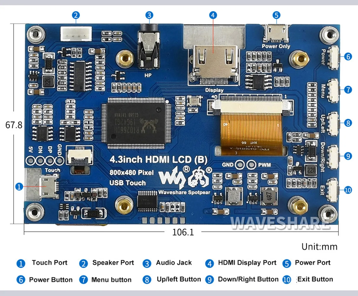 Емкостный сенсорный экран Waveshare 4 3 дюйма HDMI LCD (B) разрешение 800 × 480 IPS дисплей для