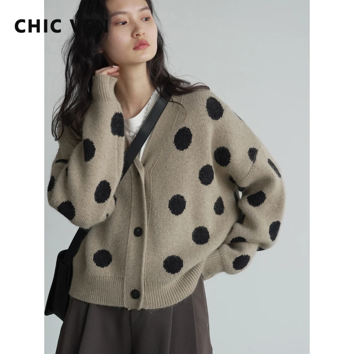 Женский короткий кардиган в горошек повседневный Свободный вязаный Топ с