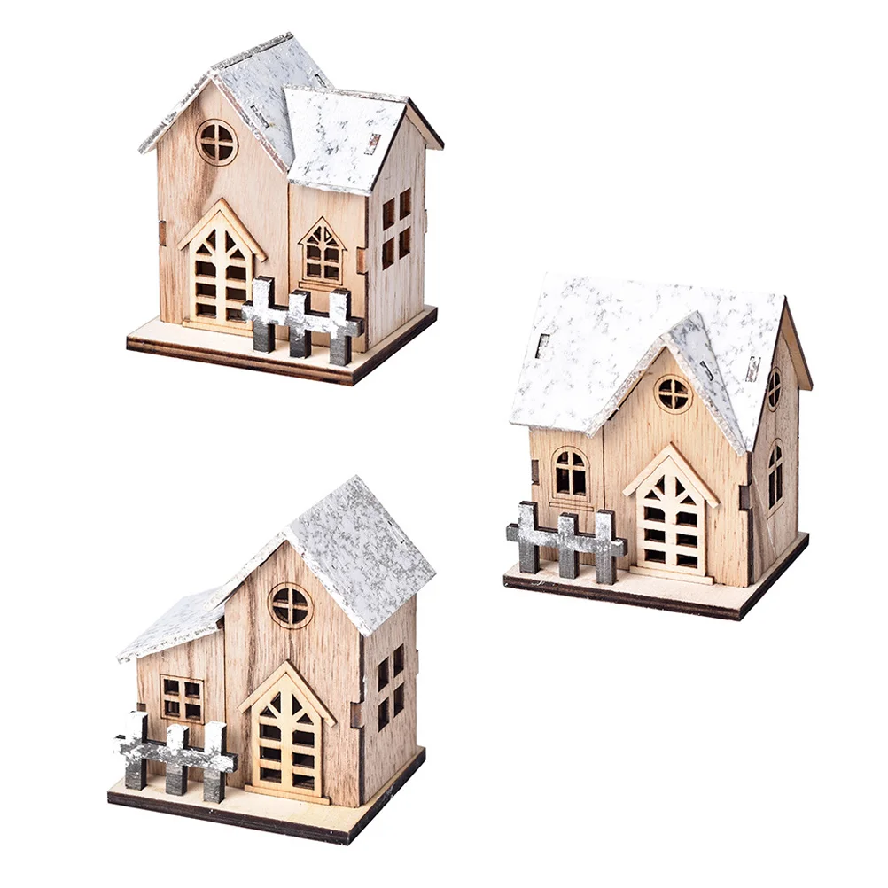 

3 Pcs Christmas Wooden House Puzzle Luminous Ornament Decor Scene Adornment Home Xmas Desktop Crafts Themed