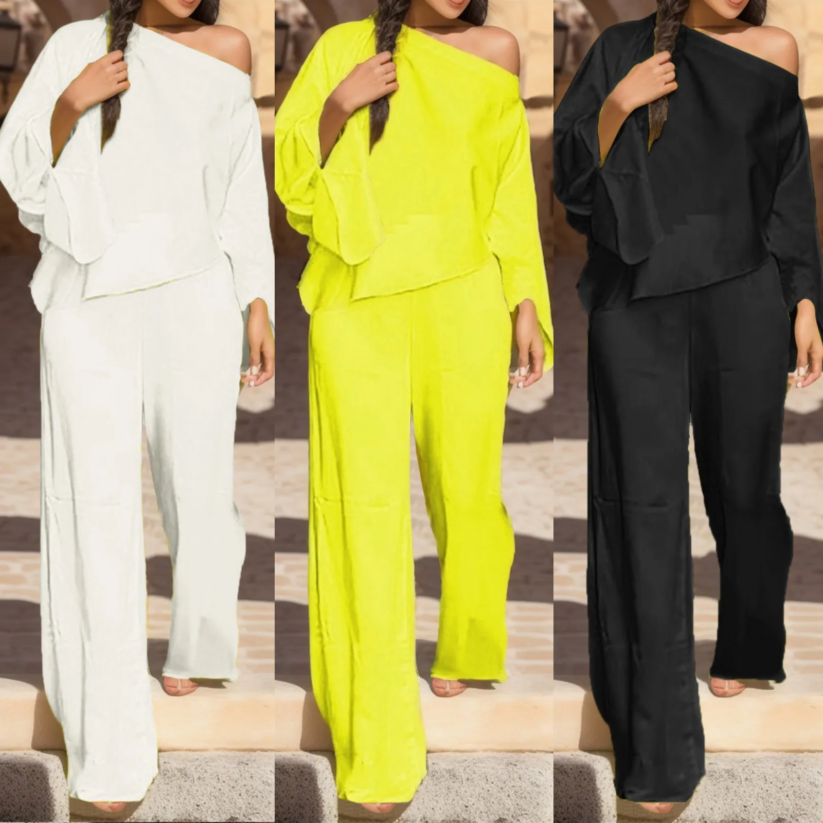 

Chic Solid Flare Sleeve Tops+ Wide Leg Pant Suit Women Sexy Off Shoulder Long Sleeve 2 Piece Set Casual Office Lady Outfit