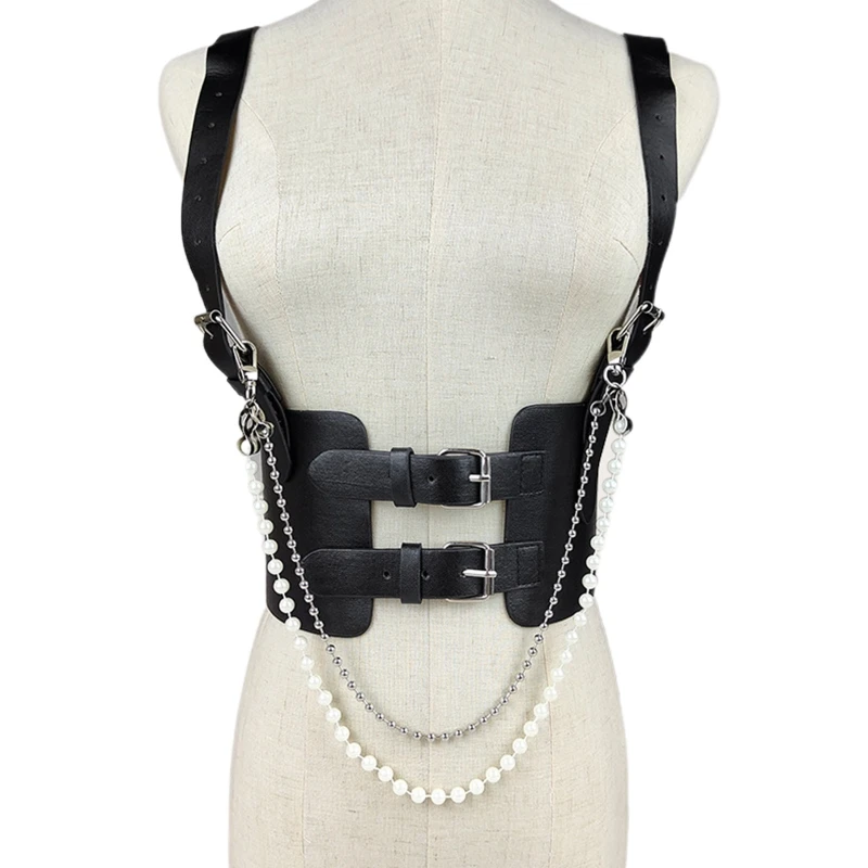

J78E Elegant Waist Trainer Women Corset Cincher Body Shaper Girdle Streetwear Waist Decorations with Dangle Pearl Chain
