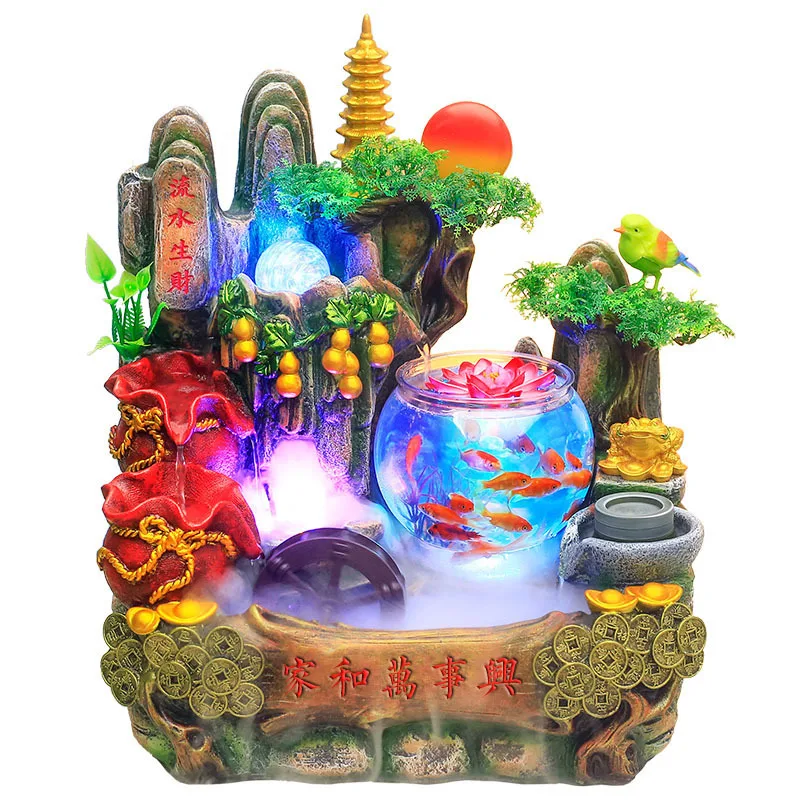

High Mountain Circulating Water Rockery Fountain Fish Tank Living Room Fortune Amass Fortunes Fengshui Wheel Decoration Opening