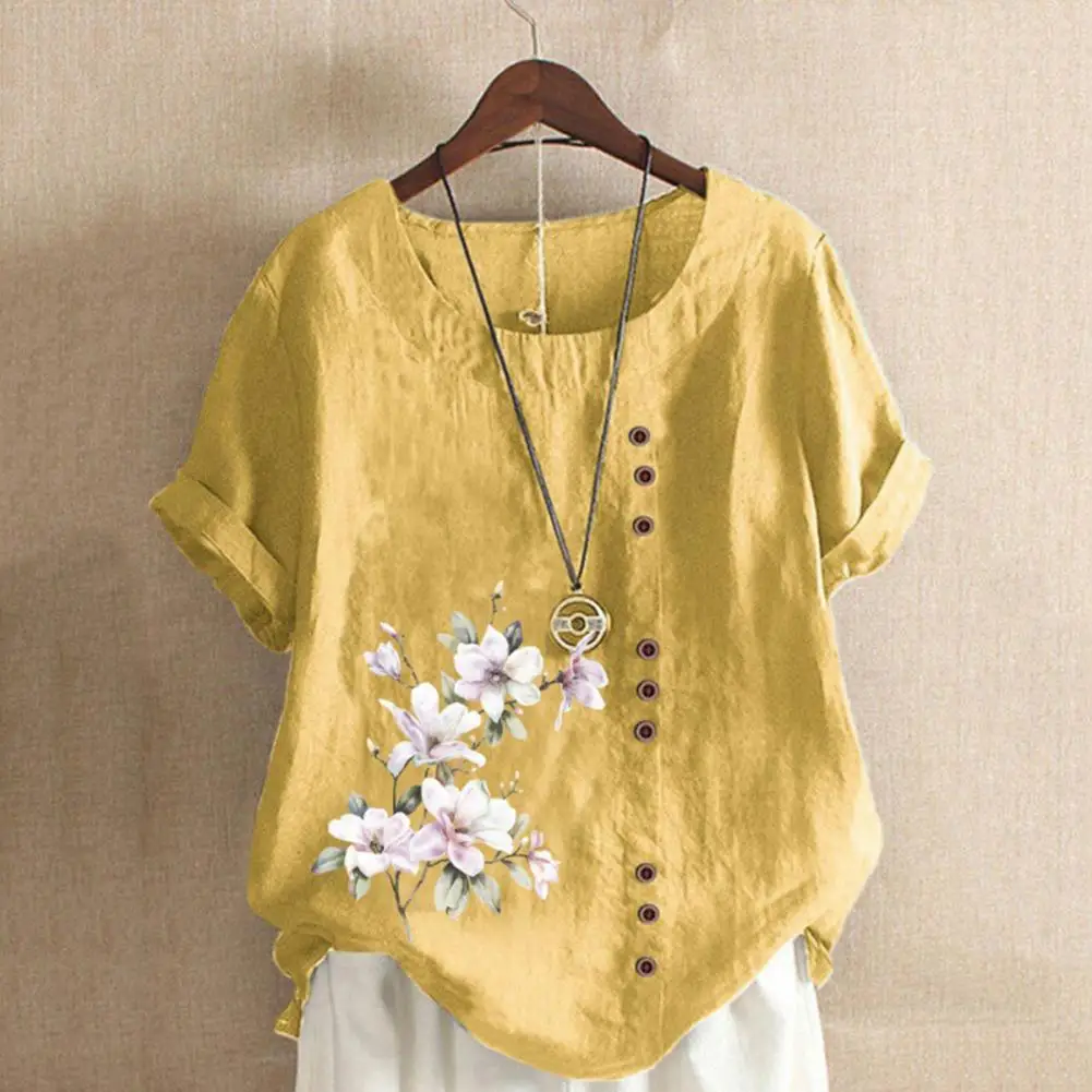 

Stylish Women Top Buttons Decor Versatile Soft Flower Print Casual Blouse