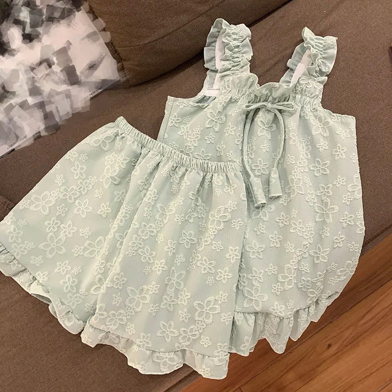 

Korean 2023 Summer New Cotton Bow Cute Sweet Thin Wrinkle Suspenders Pajamas Women's Home Clothes 2-piece set