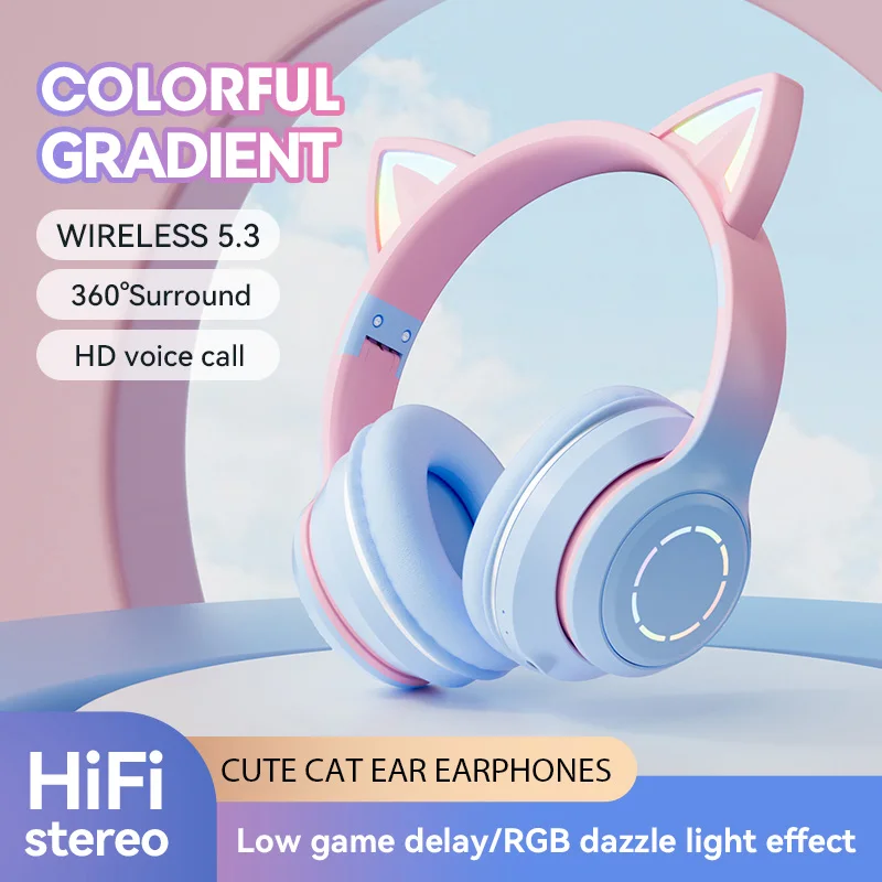 

LED Cute Cat Ears Headphones Bluetooth Wireless Headset with Mic TF FM Kid Girl Stereo Music Earbud Kitten Earphone Gift