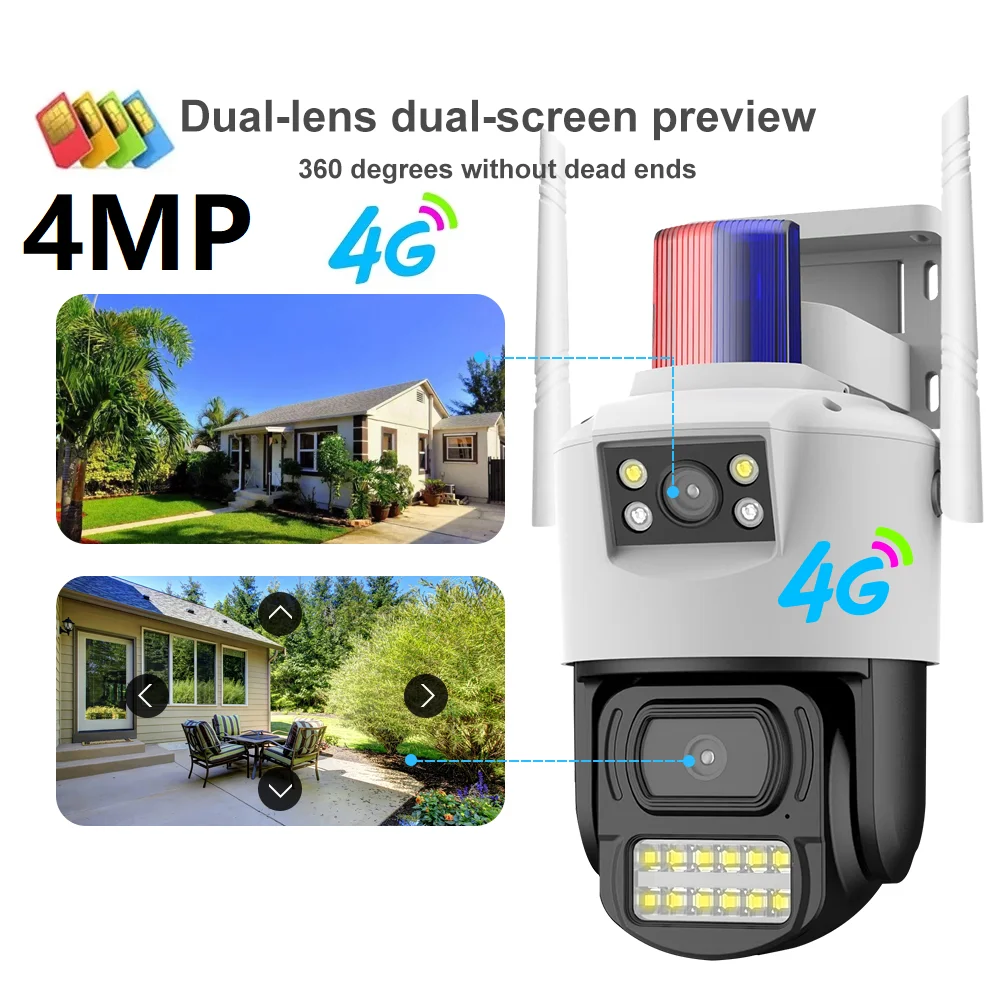 

4G Camera Dual Lens Dual Screen Ai Human Tracking Detection Outdoor Security CCTV Surveillance P2P IR Night Vision 30M 4X Zoom