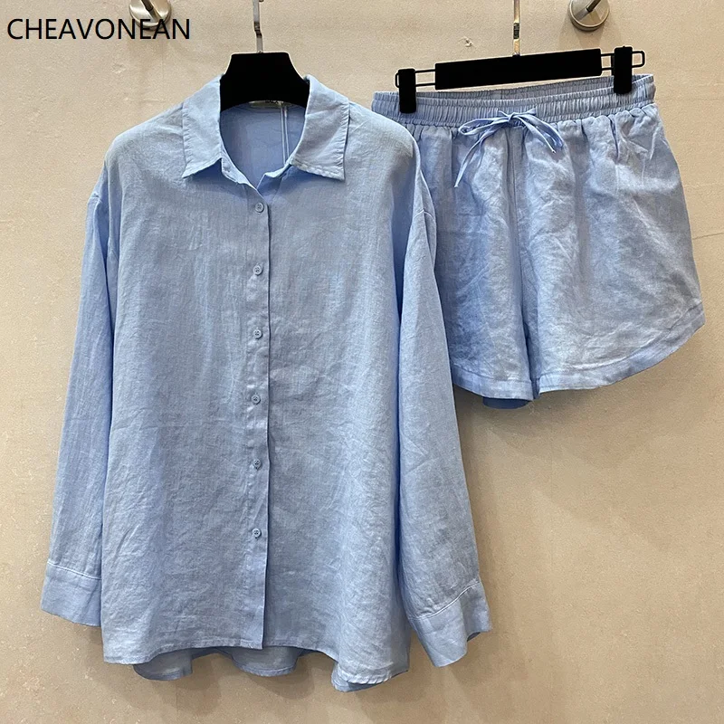 

"CHEAVONEAN Summer 100% Linen Women'S 2Pcs Shorts Sets Outfit Knitted Short Pant Suit Fashion Neon Colors Loungewear Women