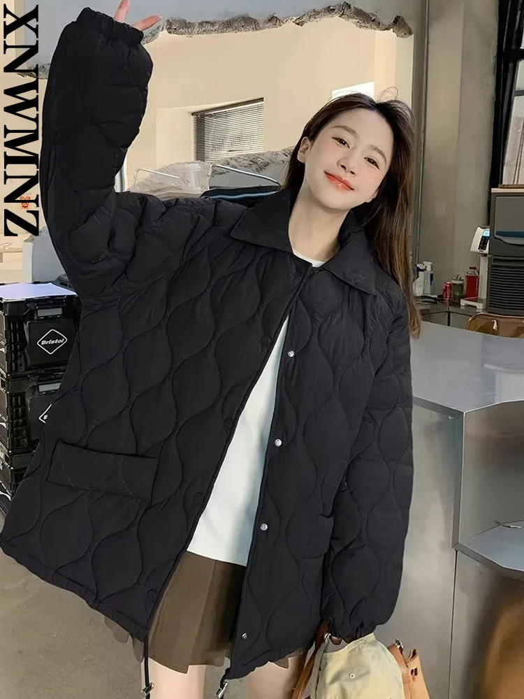 XNWMNZ 2022 women fashion rhombus drawstring cotton clothes woman loose pockets winter coat female chic cotton Outerwear