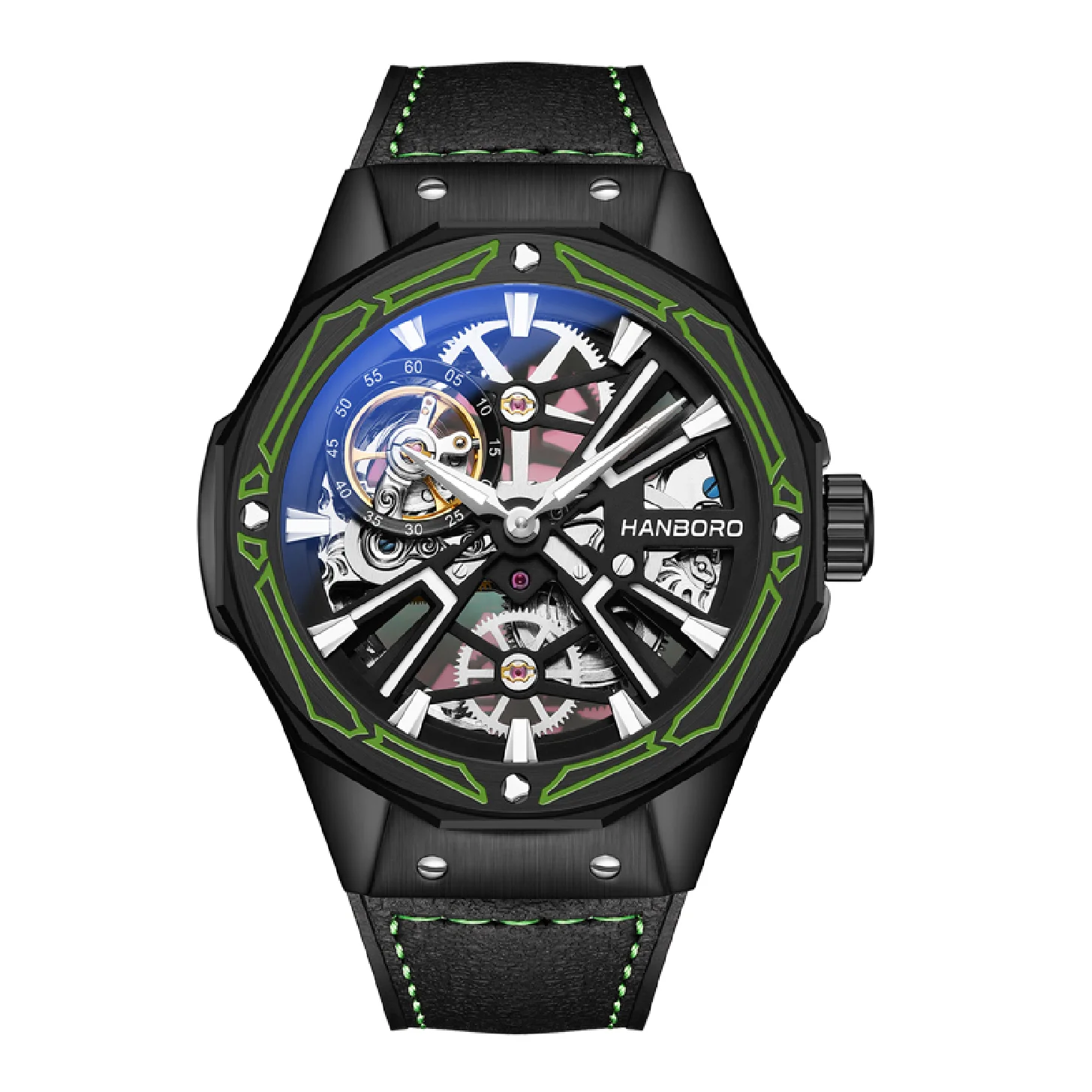 

HANBORO Men Luxury Watch 44mm Automatic Watches Mechanical Wristwatch 50m Waterproof Luminous Skeleton Small Second Dial