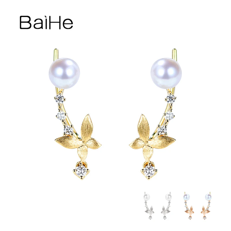 

BAIHE Solid 14K White/Yellow/Rose Gold Natural Diamond Freshwater Pearl Butterfly Earrings Women Ear Clip Trendy Fine Jewelry