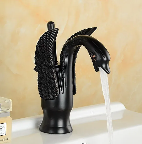 

Black Oil Rubbed Brass Carved Art Animal Swan Style Bathroom Sink Basin Mixer Tap Faucet One Hole Single Handle mnf178