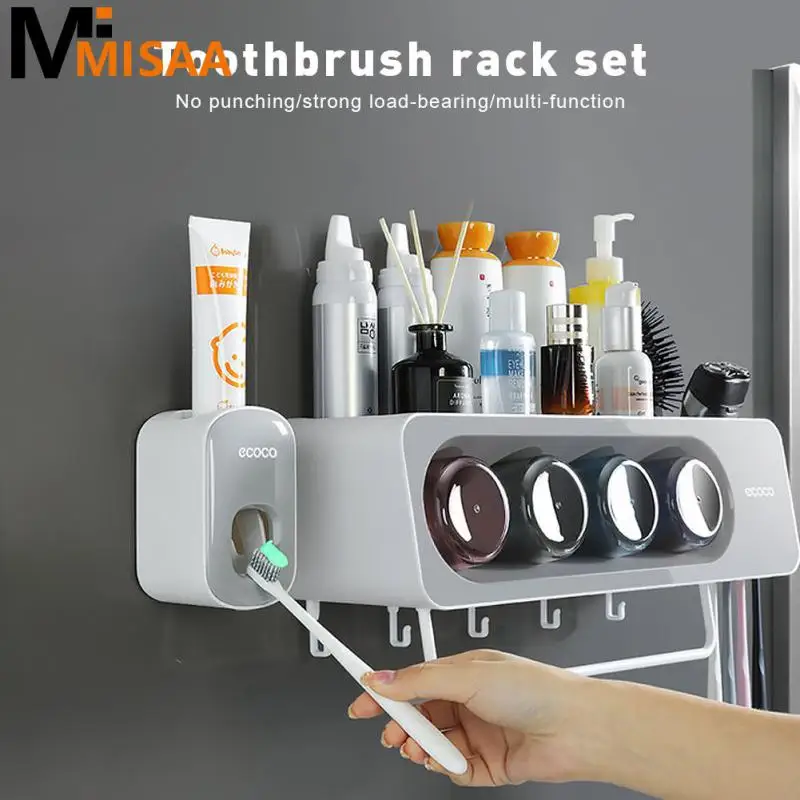 

Multifunctional Automatic Toothpaste Dispenser Towel Holder Baño Inverted Bath Toothbrush Rack Large Storage Tray Punch-free