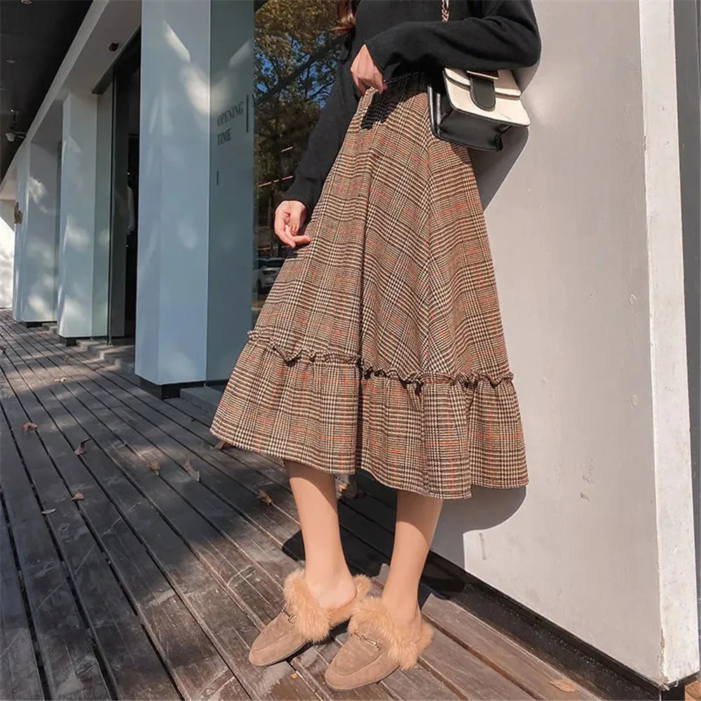 

Autumn Winter Plaid Skirt Female Korean Mid-Length A-Line Skirt Women Ruffle High Waist Houndstooth Check All-Match Skirt