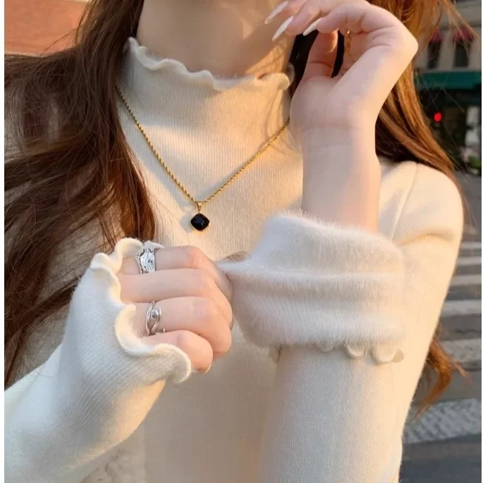 Женский топ на осень/зиму 2023 новый стиль белый вязаный флисовой подкладке с