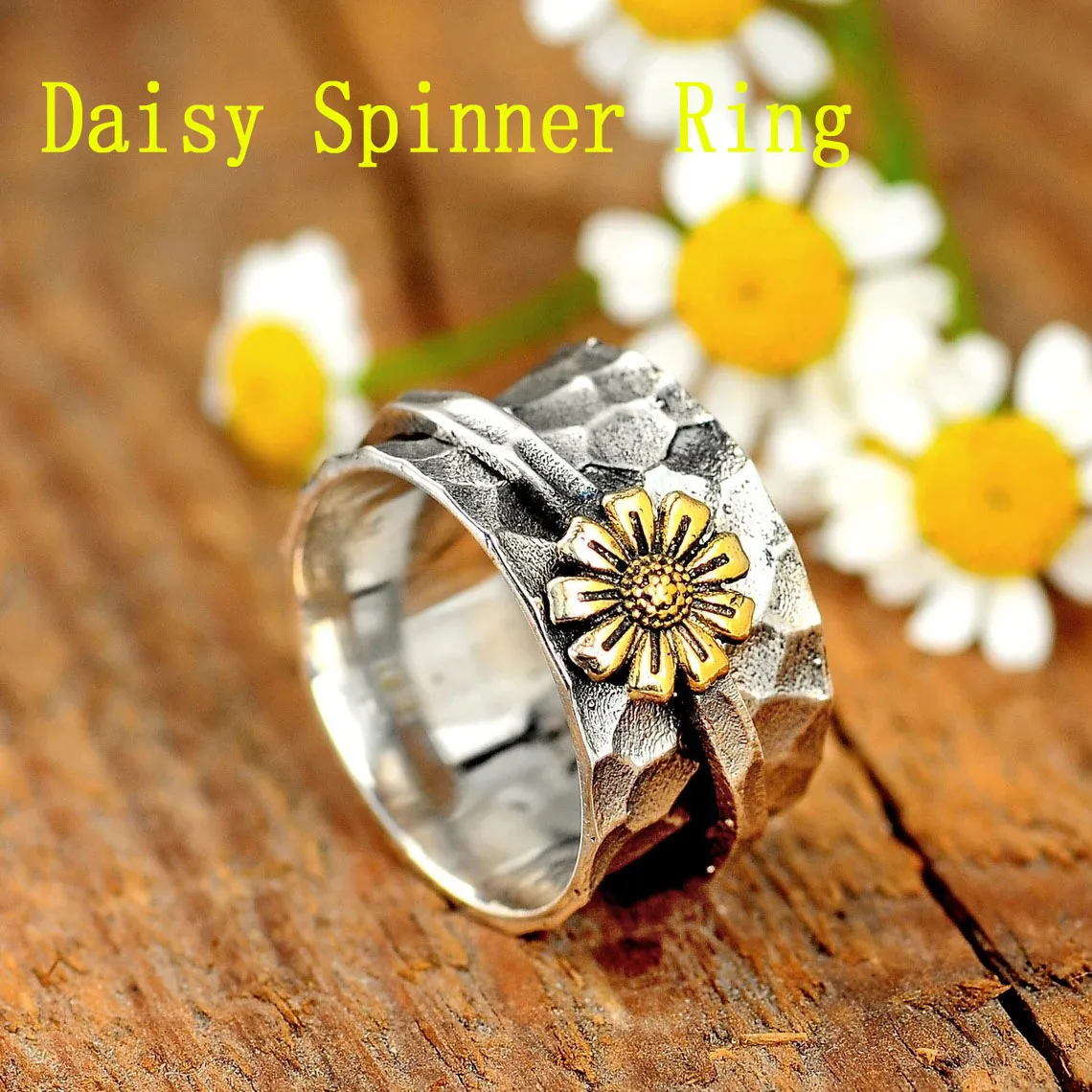 

Anti Stress Anxiety Rings For Women Men Vintage Daisy Fidget Spinner Ring Rotate Freely Spinning Rings Punk Jewelry Gift