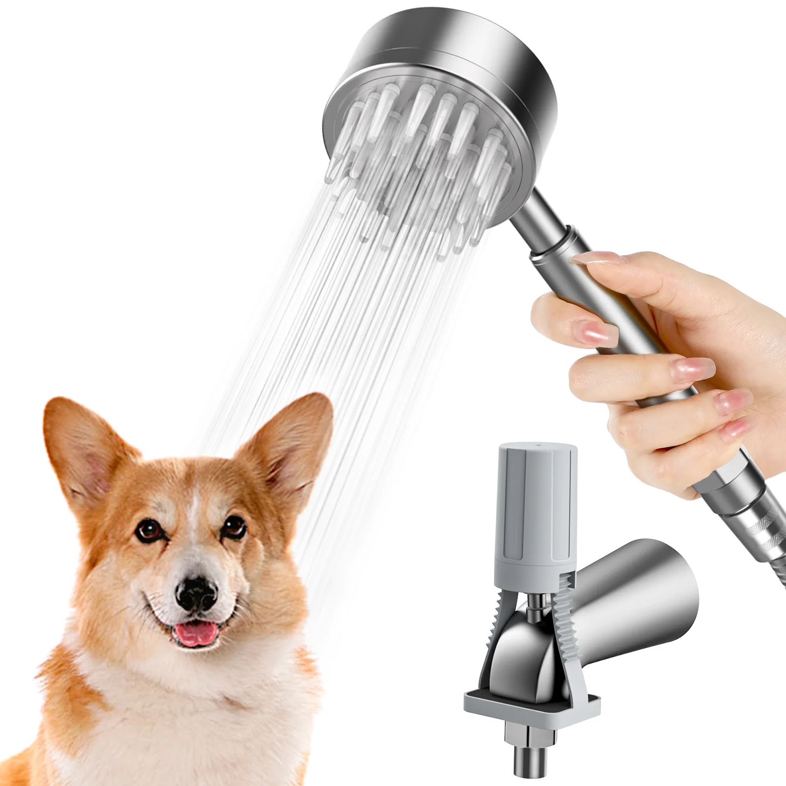 

Насадка для душа для собак, насадка для распыления домашних животных с мягкими щетками, длинный шланг 1,5 м и отвердитель, насадка для соединения с носиком для ванны