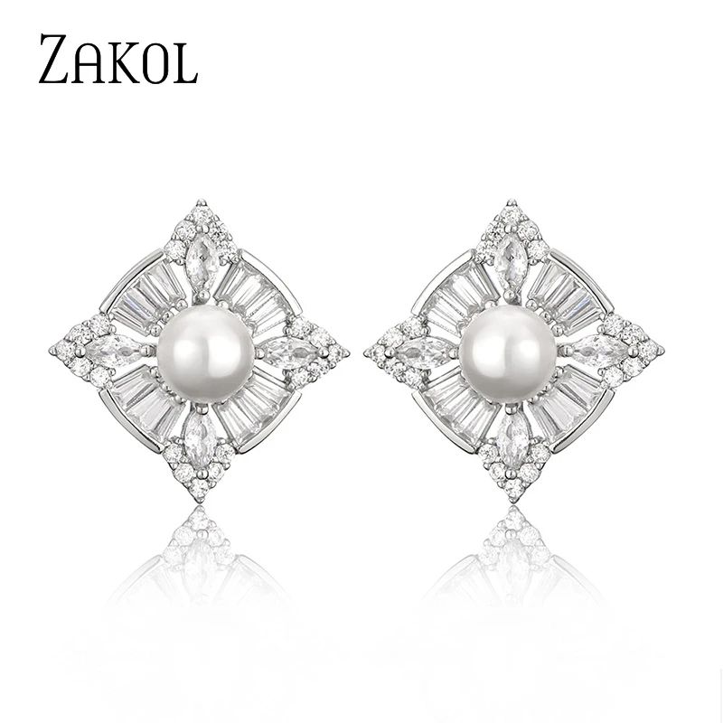

ZAKOL брендовые простые винтажные геометрические серьги-гвоздики с кубическим цирконием и жемчугом для женщин и девочек серебристого цвета с...