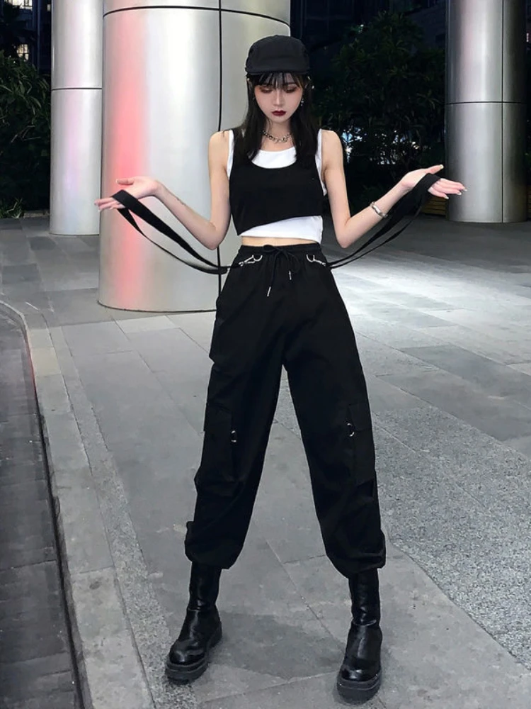 QWEEK Goth Cargo Pants Women Punk Capris Pants Harajuku High Waist Pants Oversize Detachable Strap Casual Trousers Emo Techwear images - 6