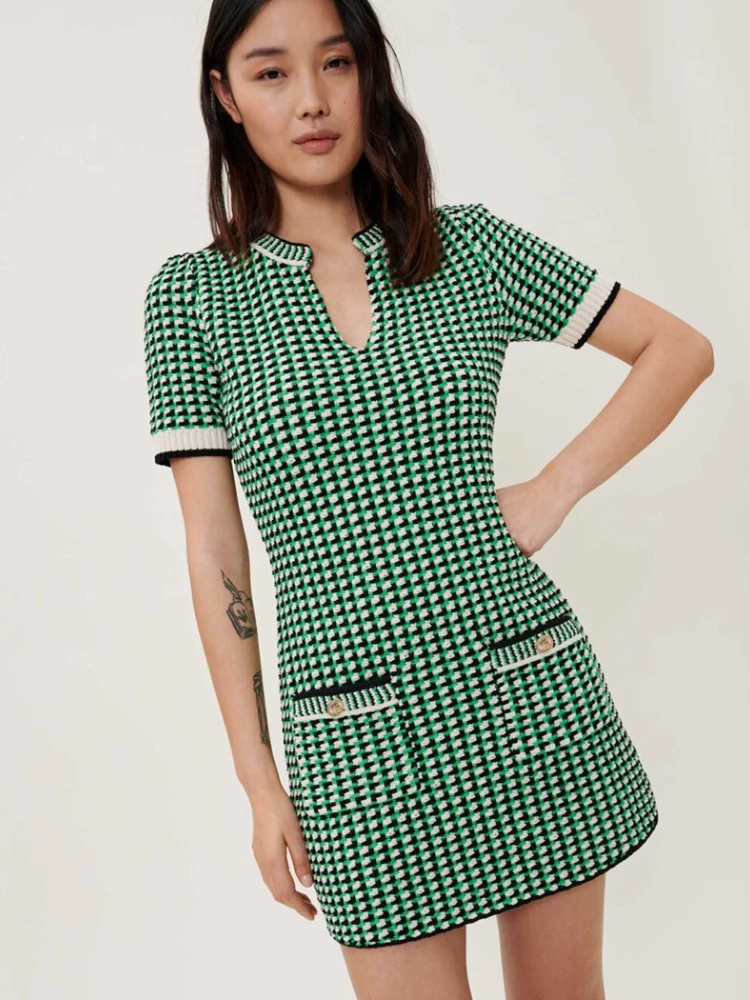

Женское трикотажное мини-платье в клетку Maje, зеленое клетчатое платье с V-образным вырезом, весна 2022