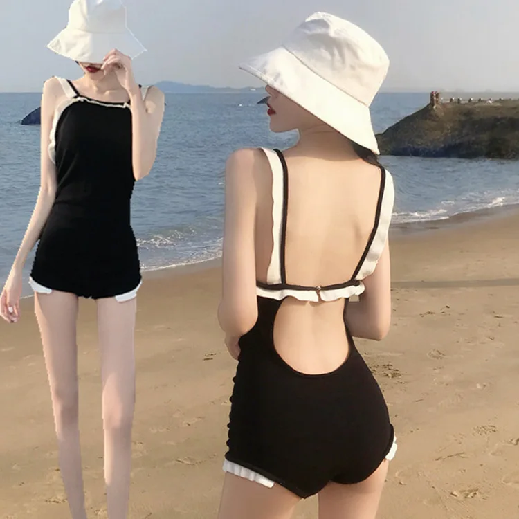 

Ins Style Conservative Thin Cover New Swimsuit Female One-piece Boxer Sexy Korean Belly Fairy Fan Swimsuit One Piece Dropship