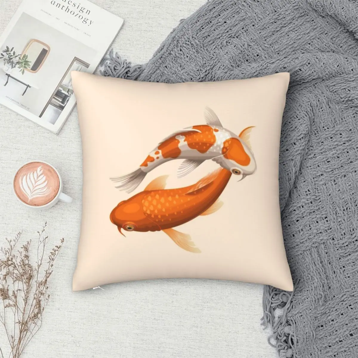 Оранжево-Белая Квадратная наволочка в виде рыбок кои из полиэстера бархатная