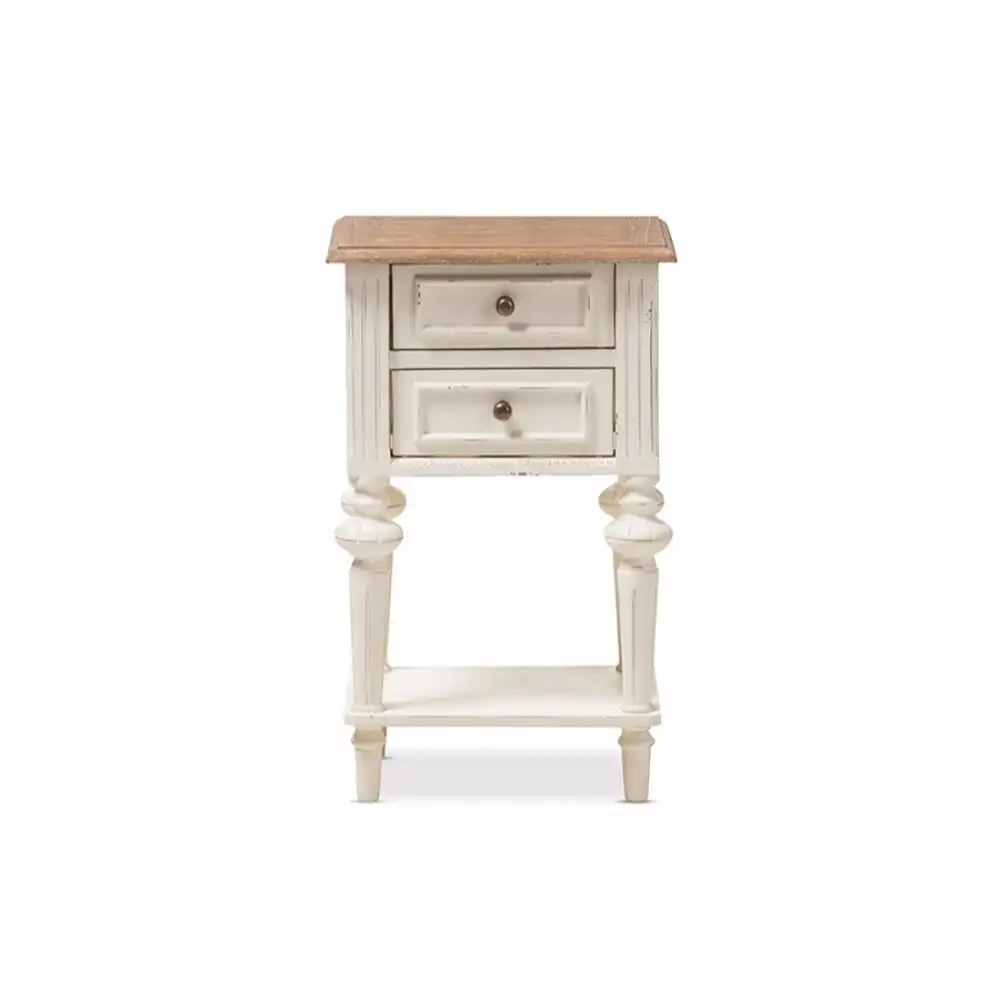 

Baxton Studio Marquetterie French Provincial Weathered Oak and Distressed White Wash 2 Drawer Nightstand with Shelf