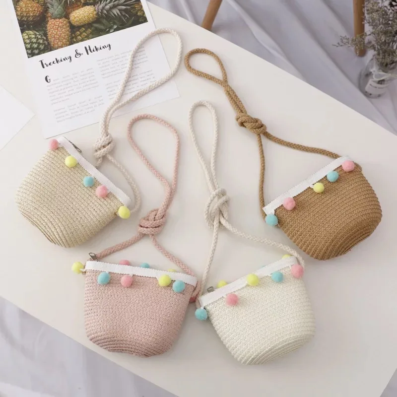 

Handmade Coin Straw Princess Handbag Bag Cute Summer Girls Mini Keys Children Bags Kids Flower Shoulder Baby Bag Messenger Purse