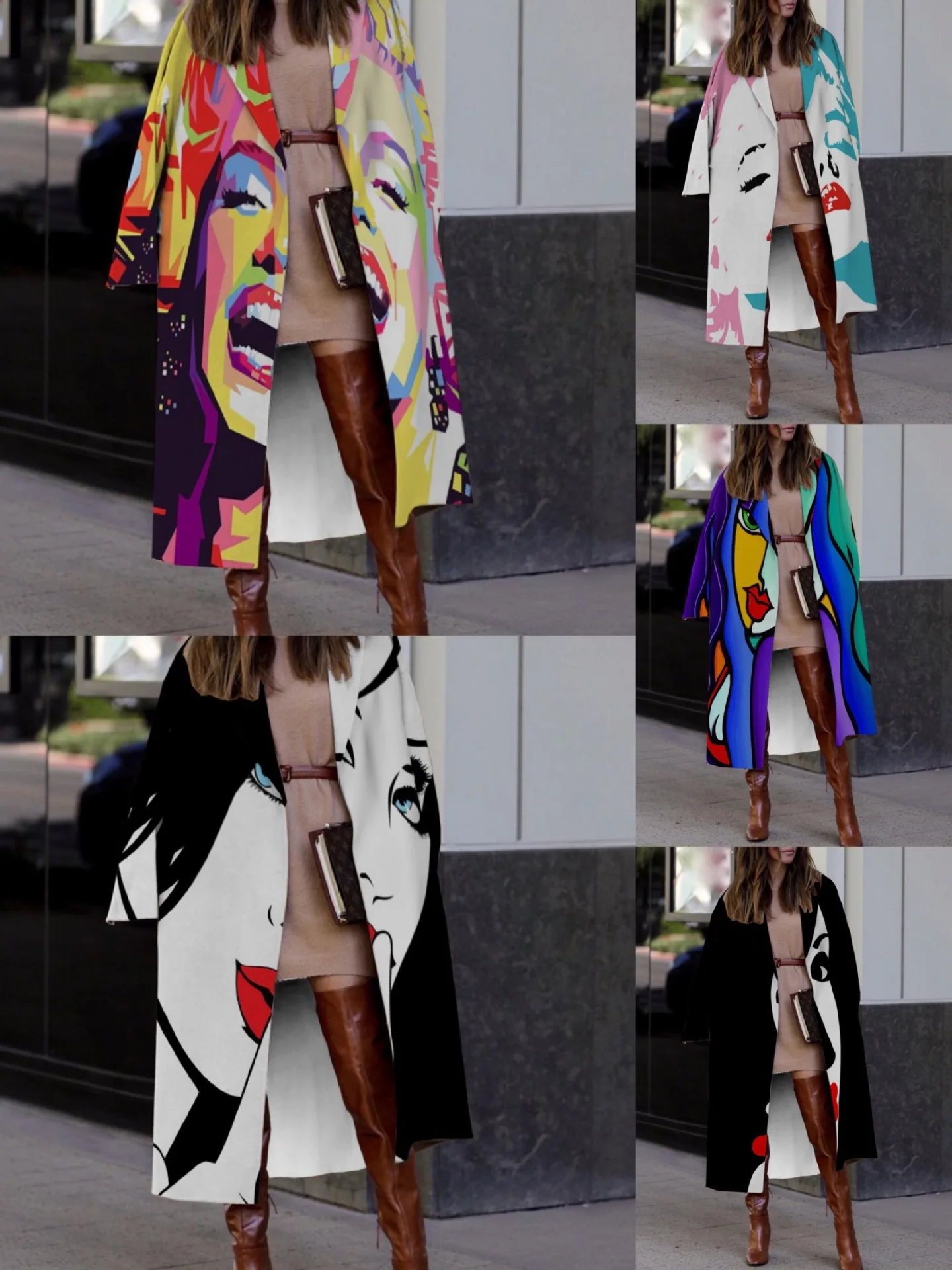 

Autumn and Winter Clothes Women's Coat Fashion Medium Long Woolen Lapel Print Loose Coat Y2K Versatile Street Clothes
