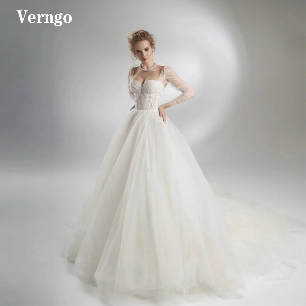 

Verngo, готическое ТРАПЕЦИЕВИДНОЕ Тюлевое кружевное свадебное платье, с длинными рукавами-фонариками, с аппликацией в виде сердца, со шнуровко...