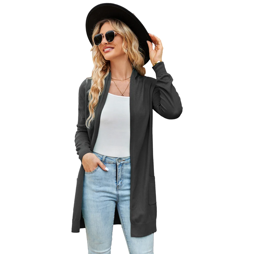 GK женские куртки пальто трикотаж до бедра кардиган свитер с карманами длинным