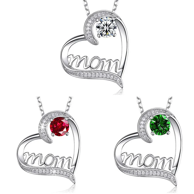 

2022 Fashion Rhinestones Zircon Mom Letter Heart Necklace Charms Pendant Necklace Cute Women Gift Mother's Day Necklace