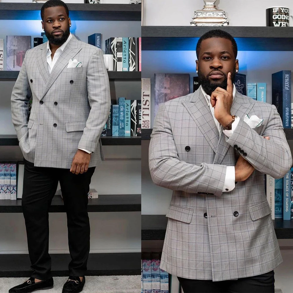 

Мужской двубортный блейзер в шотландскую клетку, серого цвета, 1 шт.