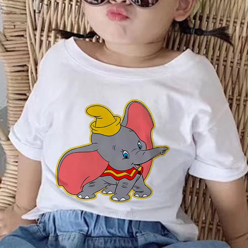 

Disney Dumbo Children Clothing Cartoon Print Tees Fashion Boys Girls Summer T-shirt Casual Baby Pink White Summer O-neck Unisex