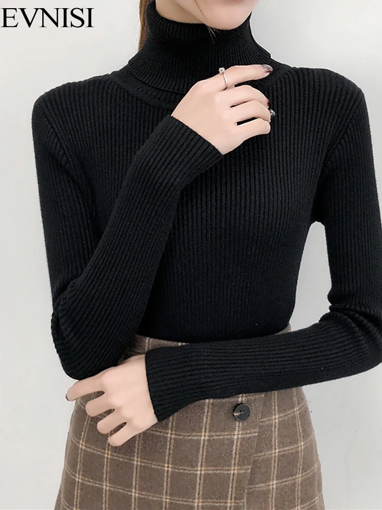 

Женский Однотонный свитер-водолазка EVNISI черного цвета, вязаные мягкие Пуловеры, кашемировый базовый свитер для женщин, Осень-зима 2022