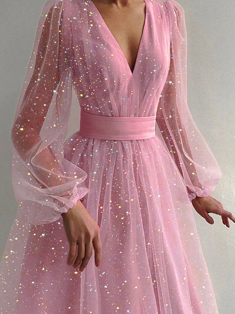 

Spring Mesh Patchwork Long Sleeve Maxi Dress Sexy Fashion Solid Hollow Out Sequin Dress Women Elegant V-Neck Loose Long Dress