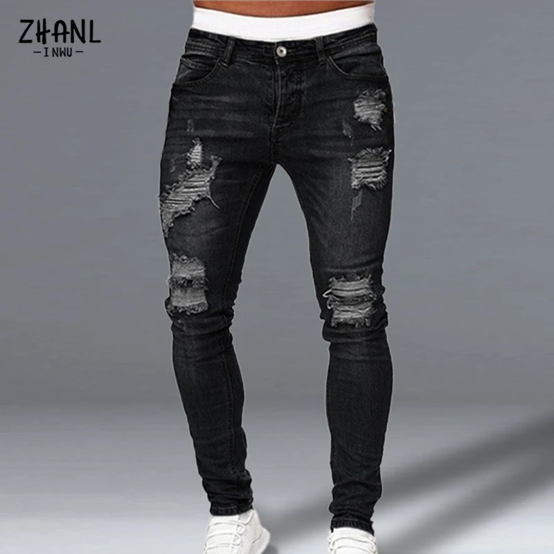 Mens Jeans Ripped Skinny Jeans Hip Hop Hole Pencil Pants Casual Trousers Streetwear High Quality Distressed Denim Men Clothing