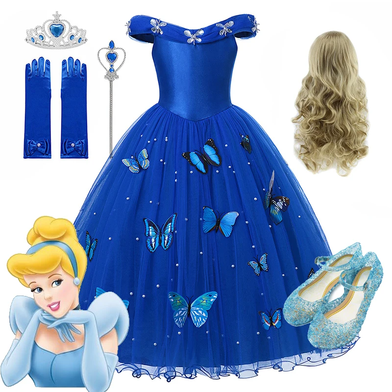 Disney Cinderella Costume Girls Princess Cosplay Dress Up Clothes for Girls Christmas Halloween Party Costume Kids Birthday Gown