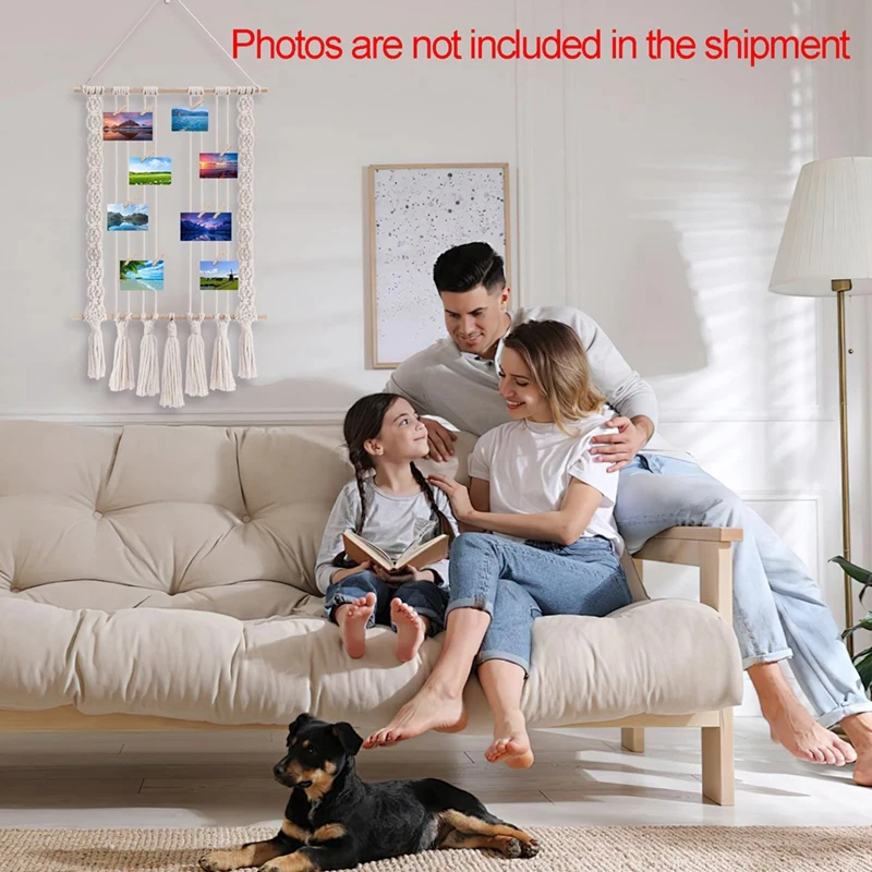 Фото Настенный держатель для фотографий с 30 деревянными прищепками, макраме, для коллажей, в стиле бохо - A73M №4