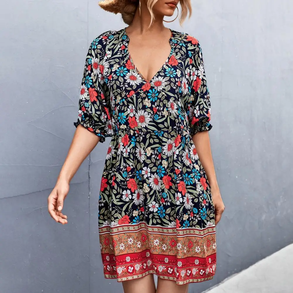 

Women Dresses Summer Sexy V Neck Floral Print Bohemian Beach Dress Short Sleeve A Line Mini Dress Wrap Sundress Robe Vestidos