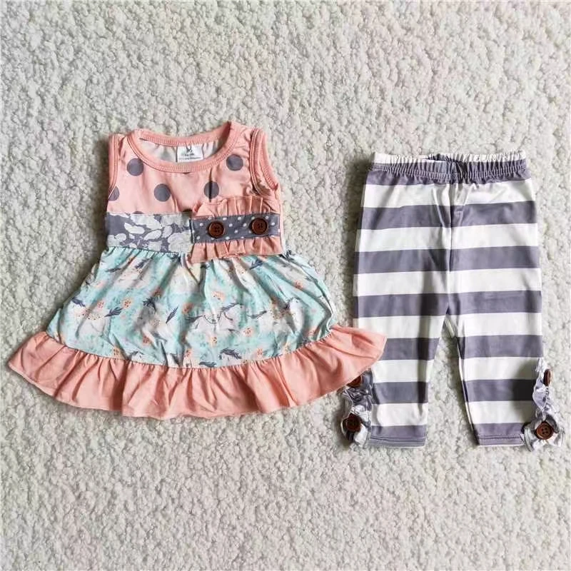 

kids clothing set ready to ship baby girl boutique outfit sleeveless pink tunic top and grey stripe pant toddler clothing