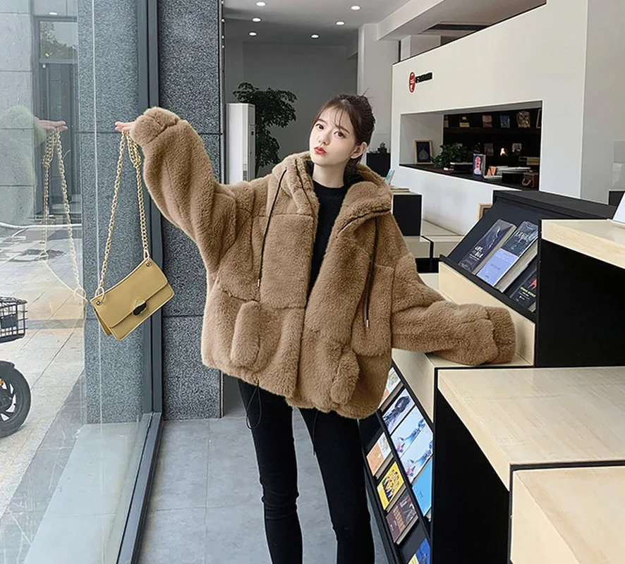 Faux Fur Coats Women Clothing Thick Winter Plus Size Loose Warm Outwear Imitation Mink Fleece Casual Leopard Hooded Jacket Parka