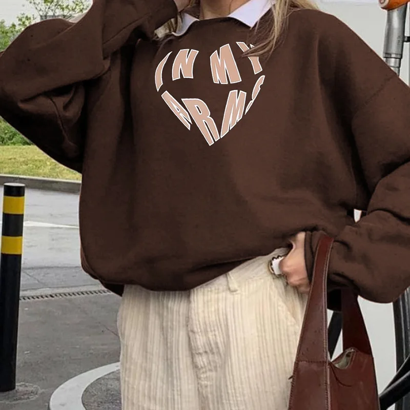 

2021 Loose Casual Brown Hoodie Lazy Style Love Print Pullover O Neck Blouse Woman Grunge Fairy Core Clothes Fall 2021 Alt Cloth