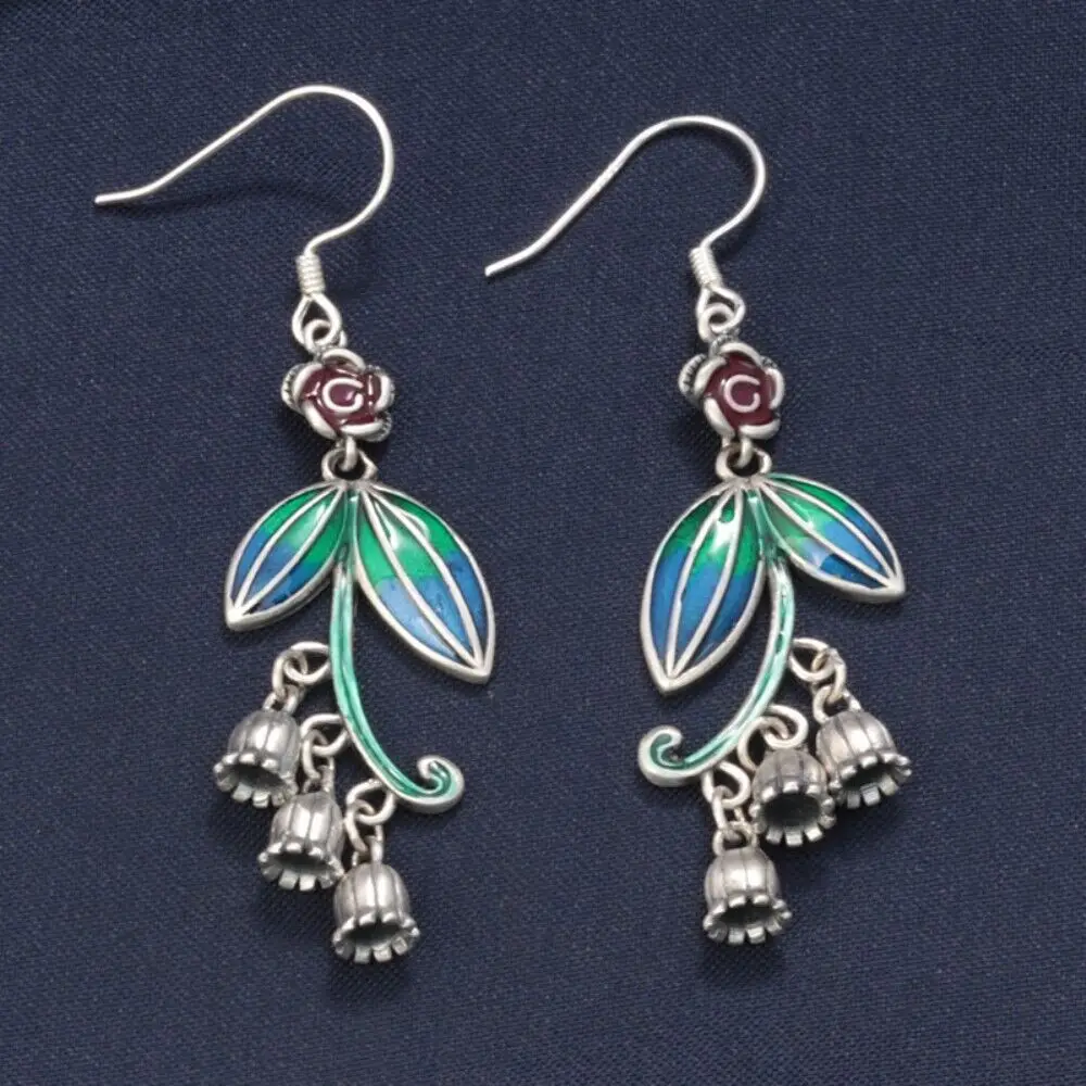 

Real S925 Sterling Silver Women Green Enamel Leaf Flower Dangle Earrings