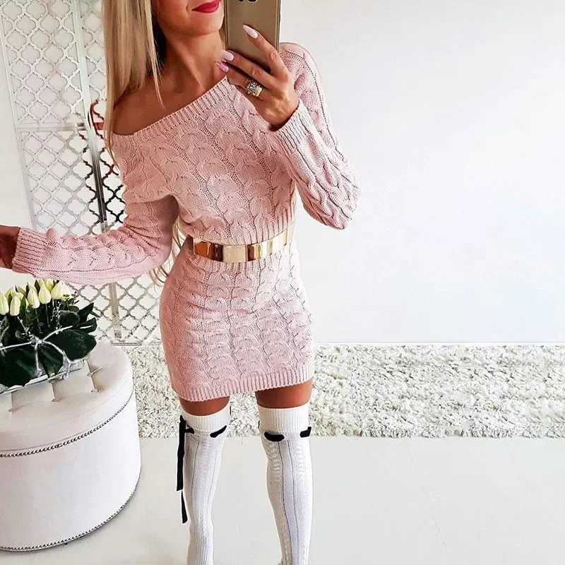 

New Autumn Winter Women Fashion Long Sleeve Off Shoulder Solid Knit Sweater Mini Dress Warm Short Party Slim Dresses for Women