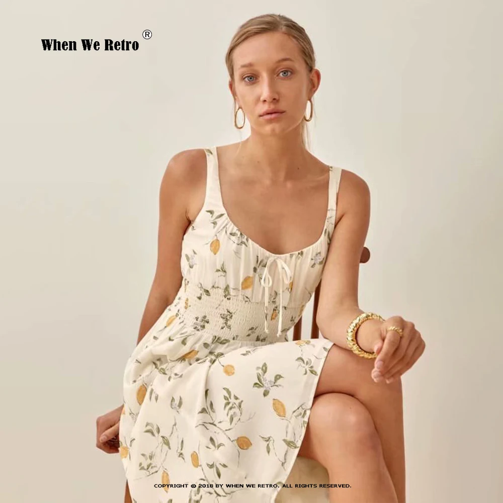 

Женское платье на бретелях-спагетти, элегантное романтичное платье средней длины с высокой эластичной талией и цветочным принтом, модель RS262 на лето